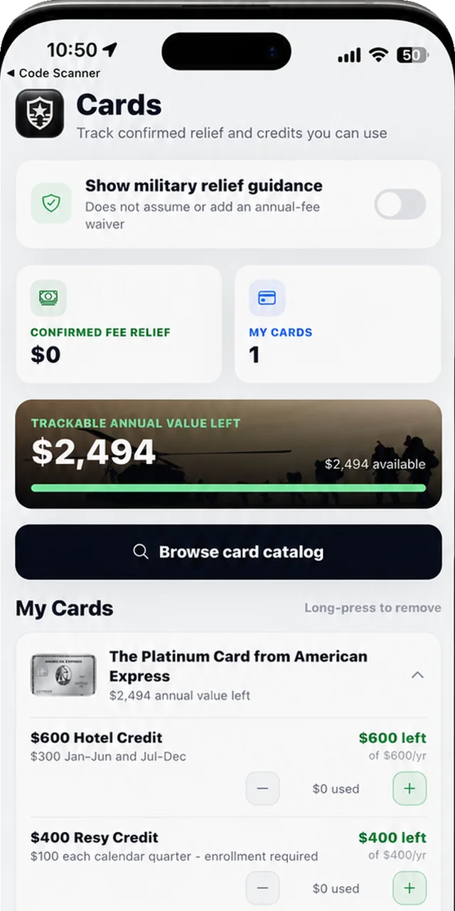 Cards dashboard tracking confirmed fee relief and statement credits with annual value remaining