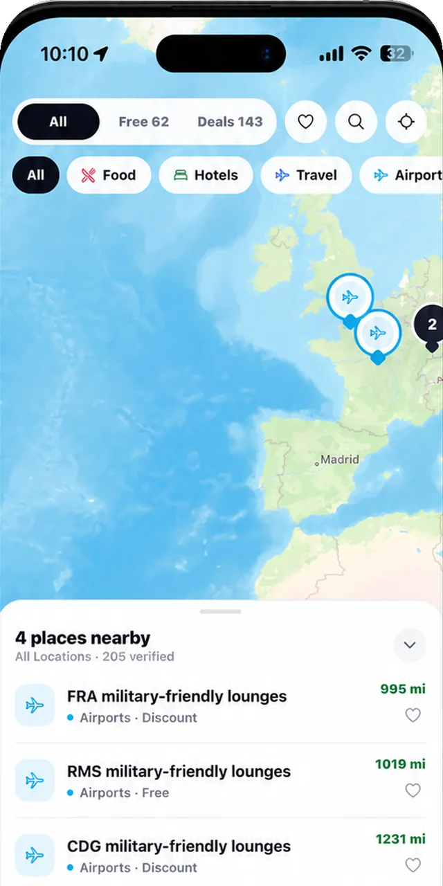 Map of nearby military discounts and military-friendly airport lounges with food, hotel, travel, and airport filters