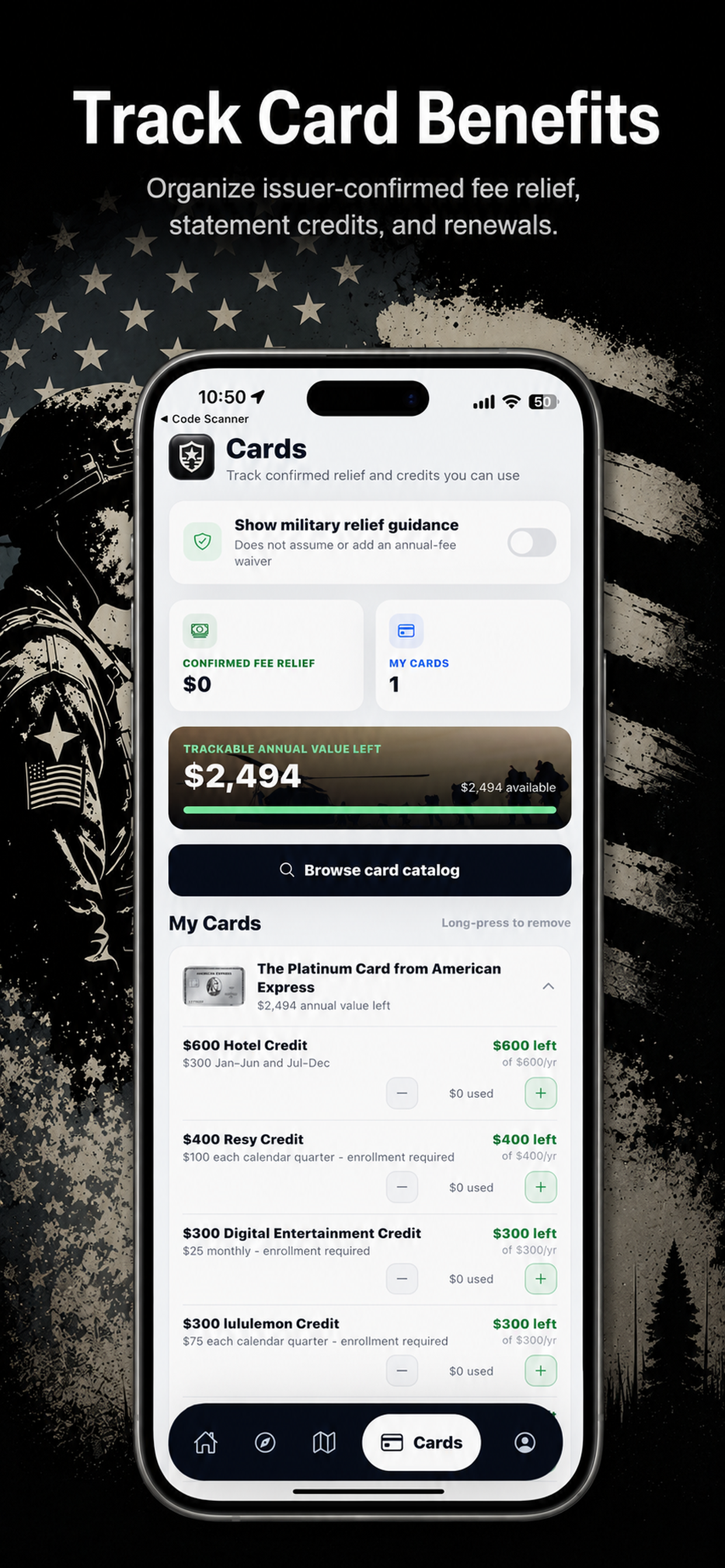 Military Benefits Tracker cards dashboard tracking issuer-confirmed fee relief, statement credits, and remaining annual value
