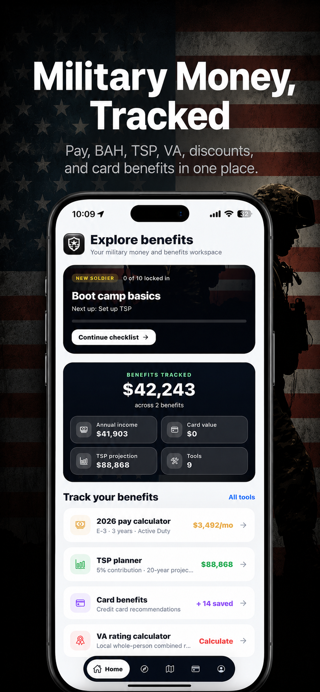 Military Benefits Tracker benefits workspace where users can browse veteran benefits for all 50 states and Washington DC