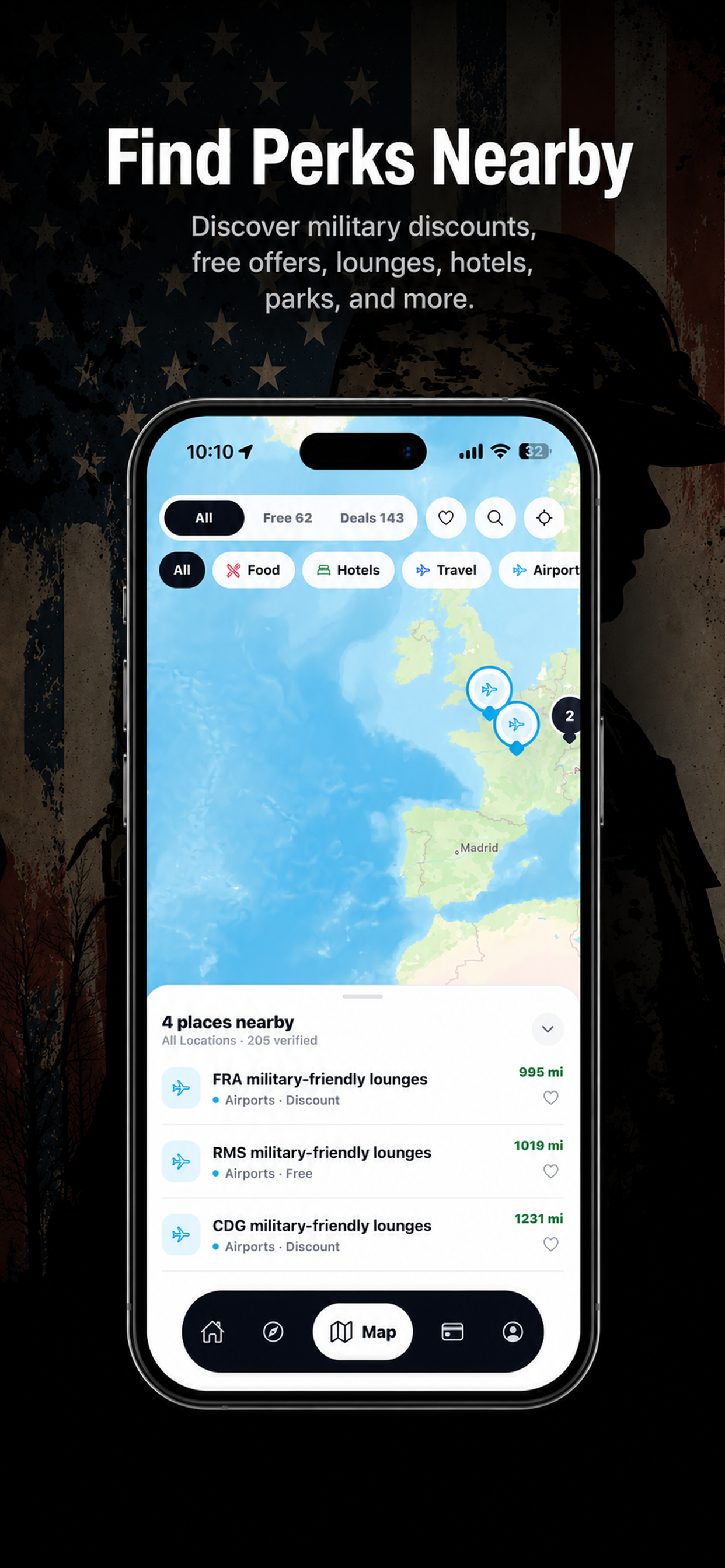 Military Benefits Tracker map with airport filter active showing military-friendly lounges by distance