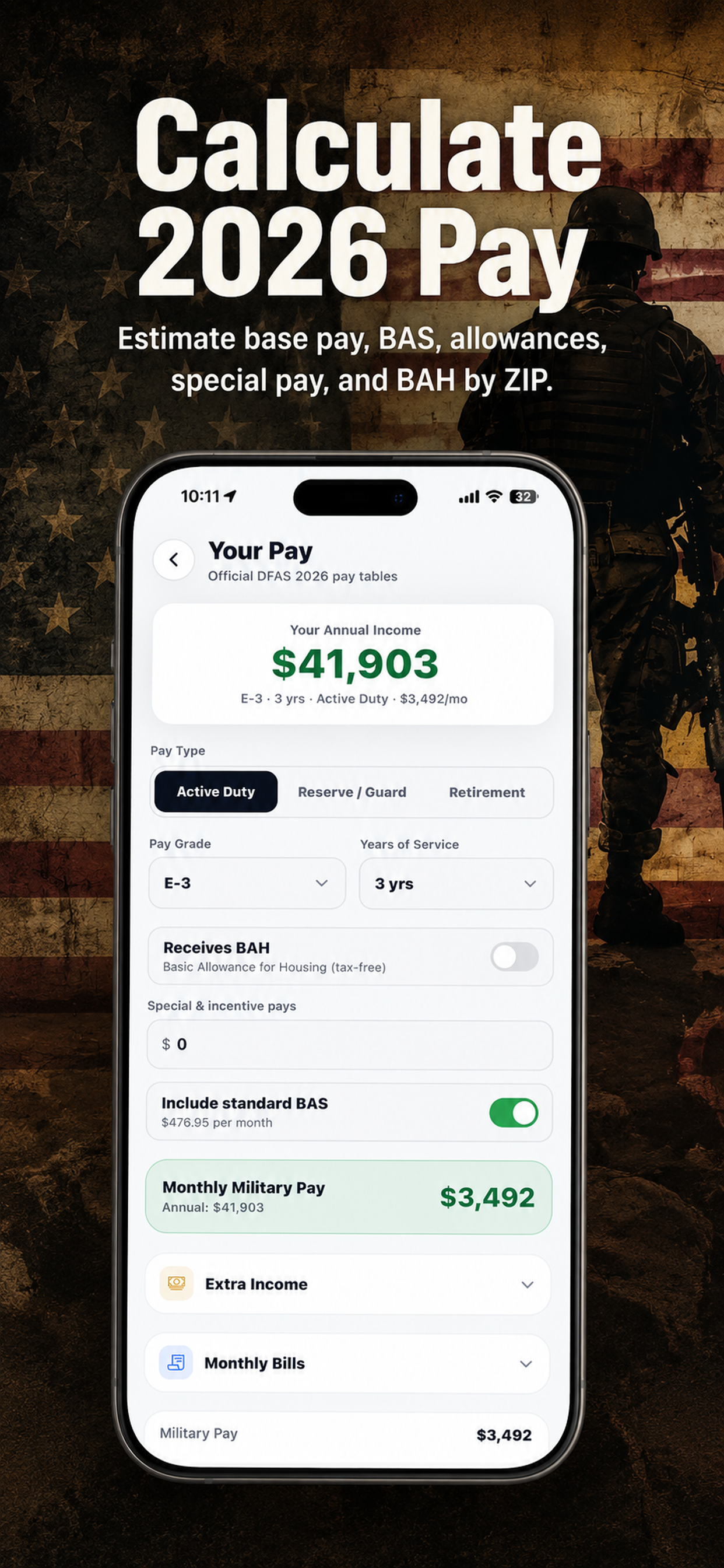 Military Benefits Tracker pay calculator with the Reserve/Guard pay type selected for a 2026 drill pay estimate
